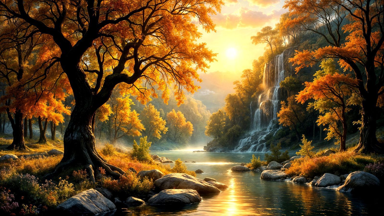 Impasto Autumn Garden Landscape with River Reflection