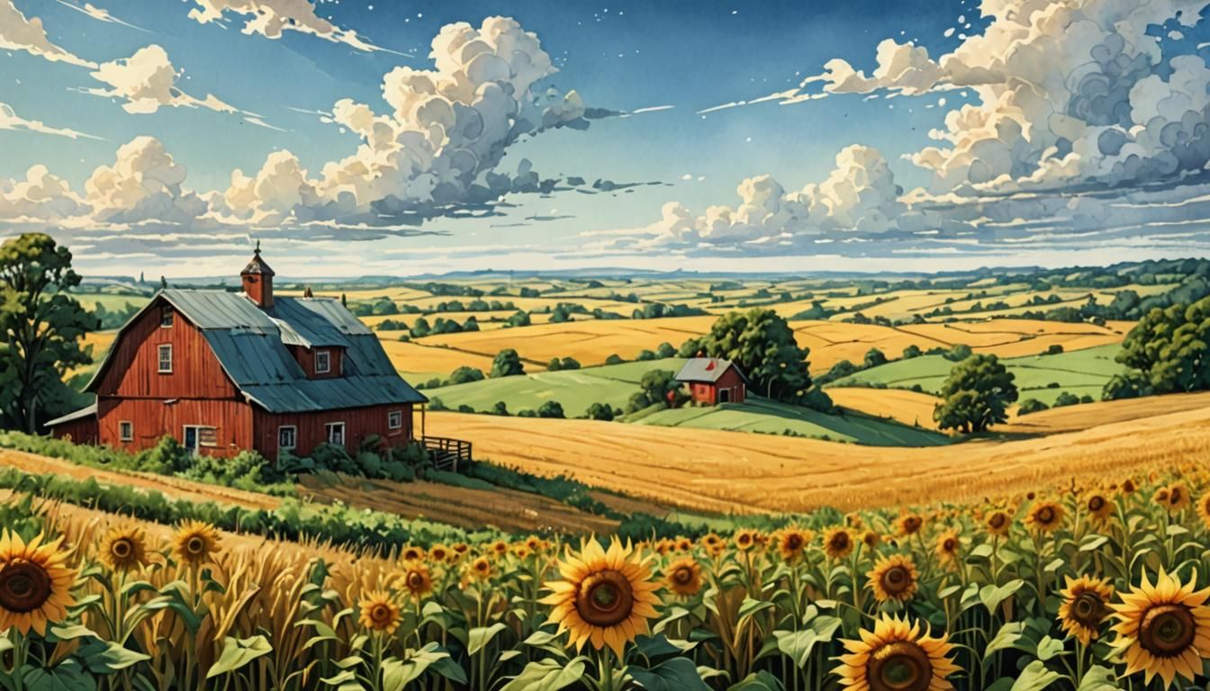 Watercolor Rural Landscape with Sunflowers and Wheat