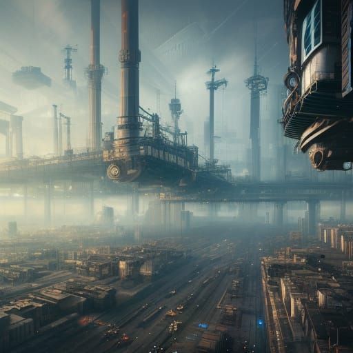 Futuristic Industrial Megacity Steam in Digital Painting