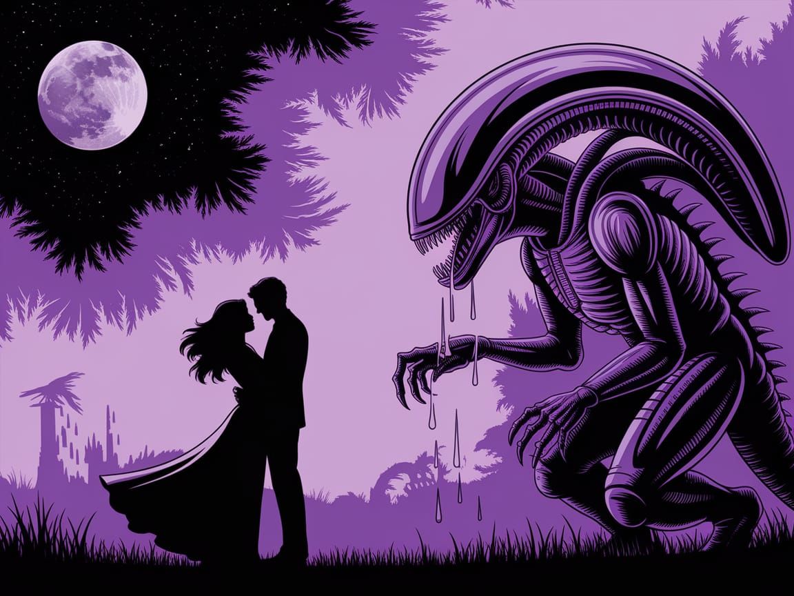 Lovers Dancing Under Alien Moons in Ink Wash Style