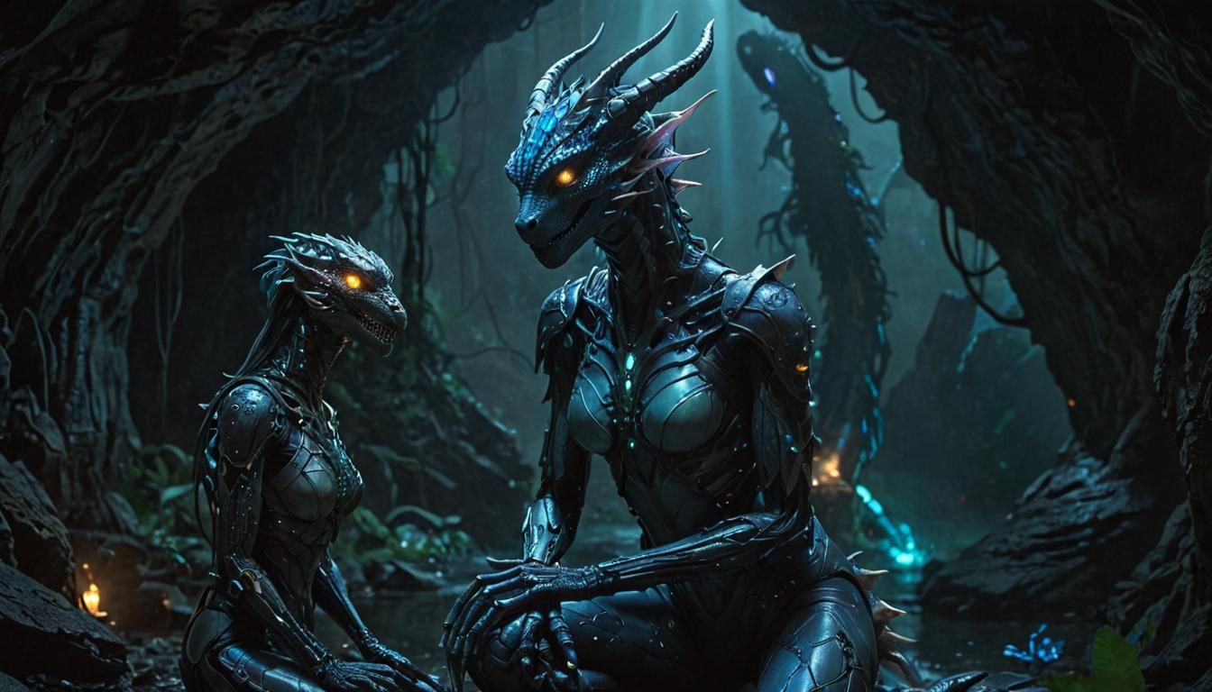Loving Embrace Between Woman and Dragon in Cyberpunk Cavern