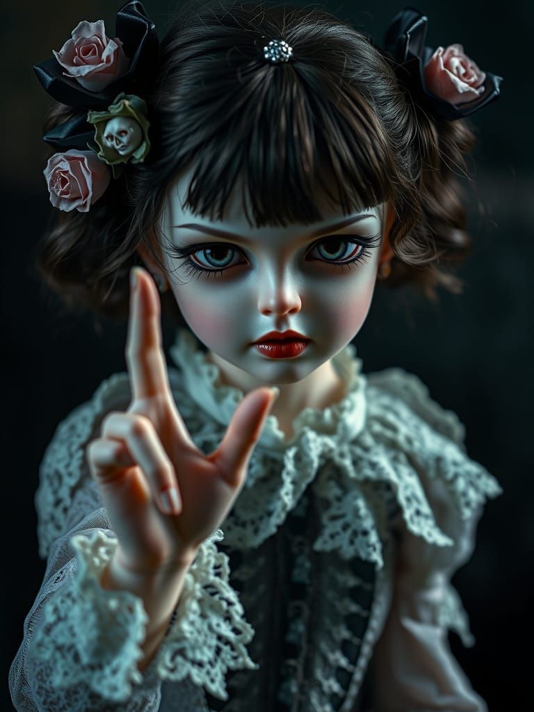 Eerie Gothic Doll Demands Silence: Hyperrealistic Art