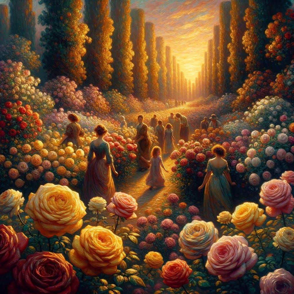 Sunset Garden of Roses in Impressionist Style