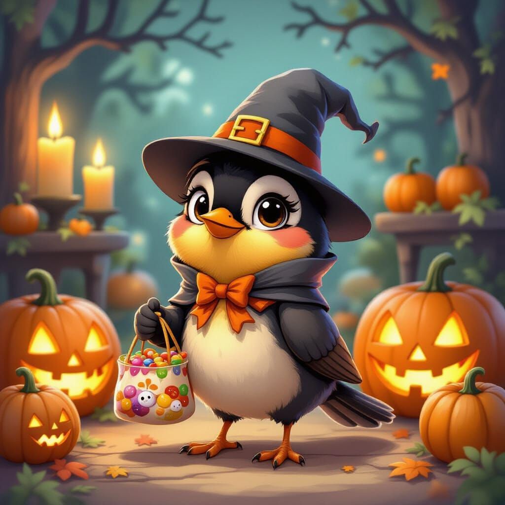 Robin in Halloween Costume, Watercolor Cartoon