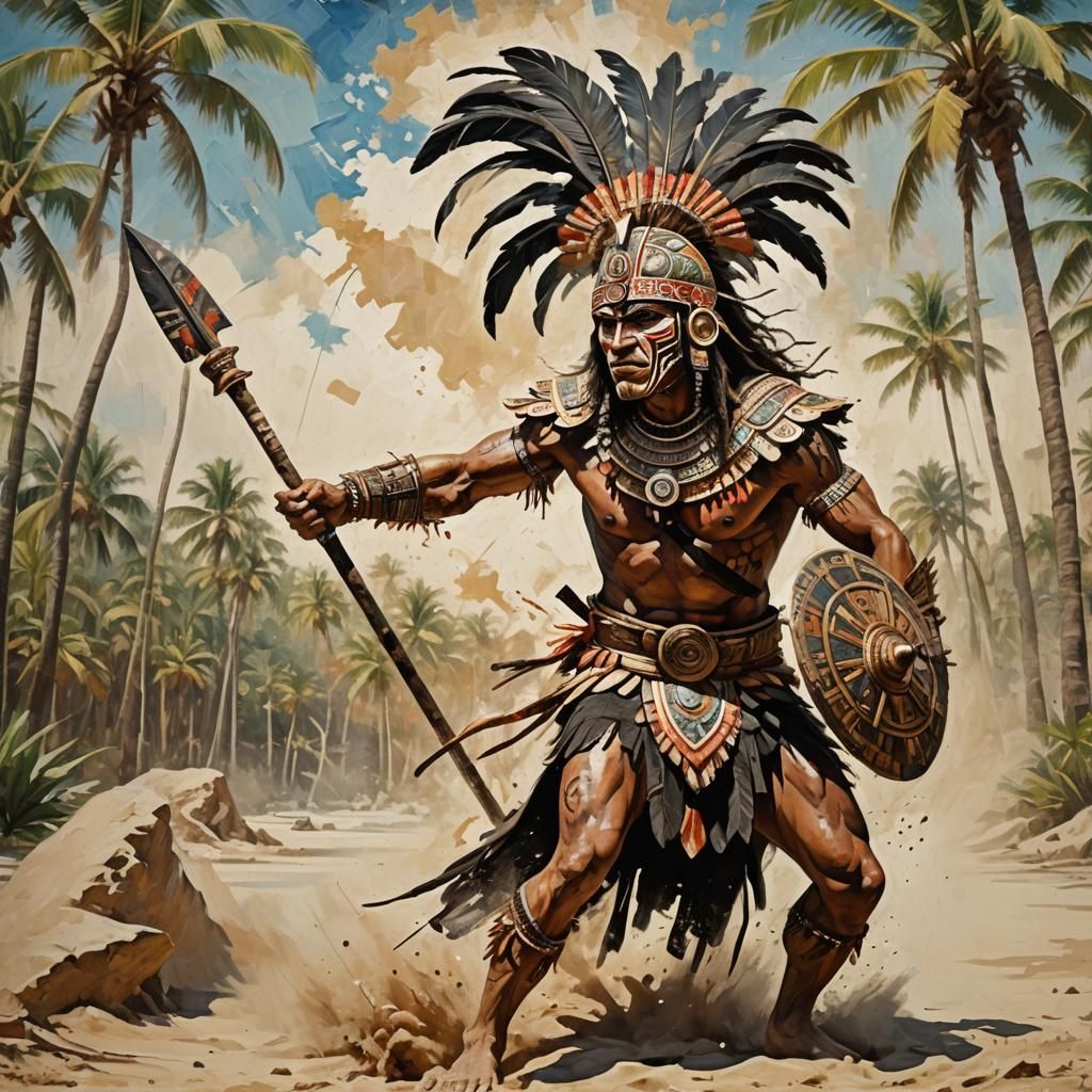 Aztec Warrior on Coqui, Abstract Expressionist Painting