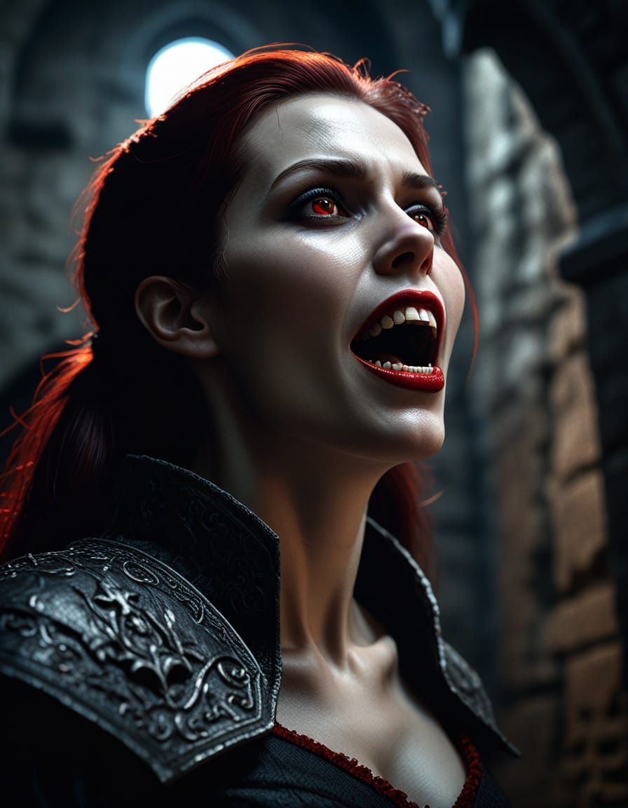 Gothic Vampire in Medieval Castle with Red Eyes