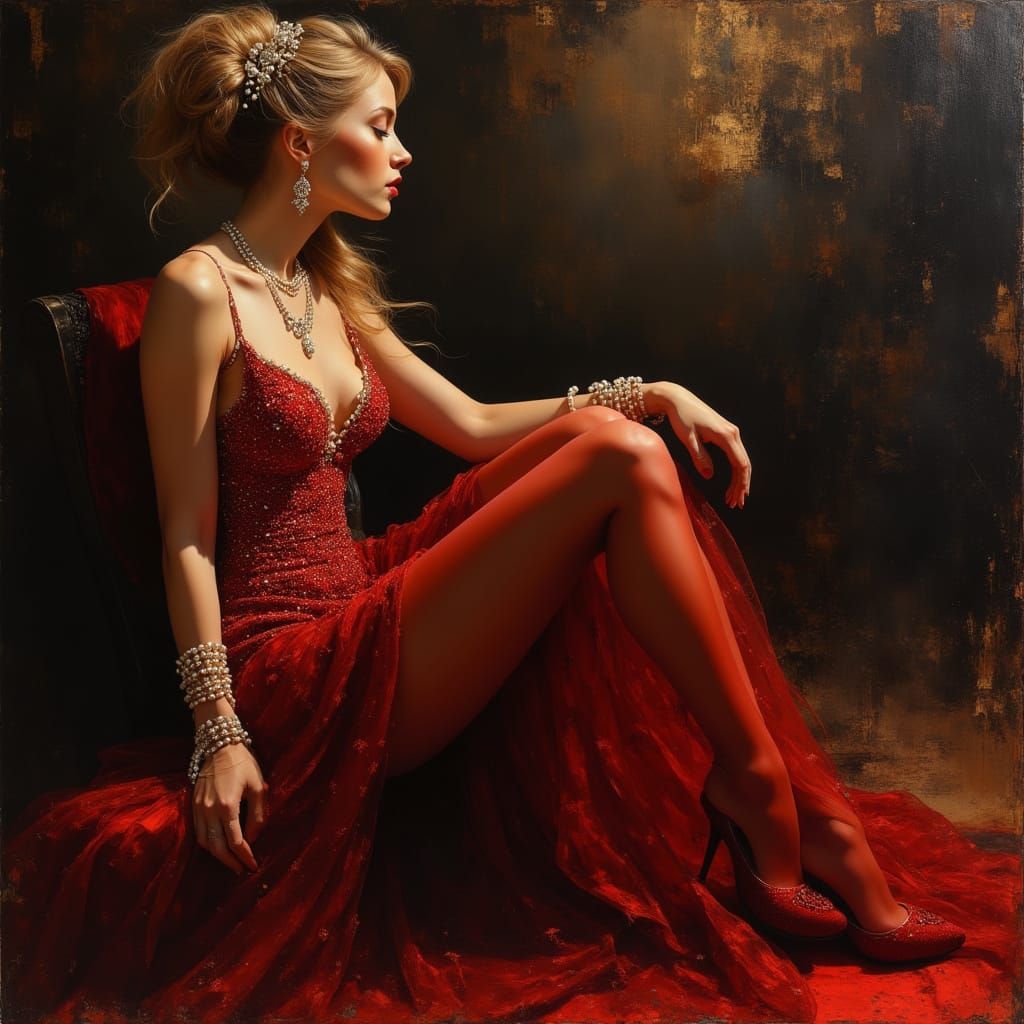 Elegant Woman in Red Dress, Art Nouveau Style
