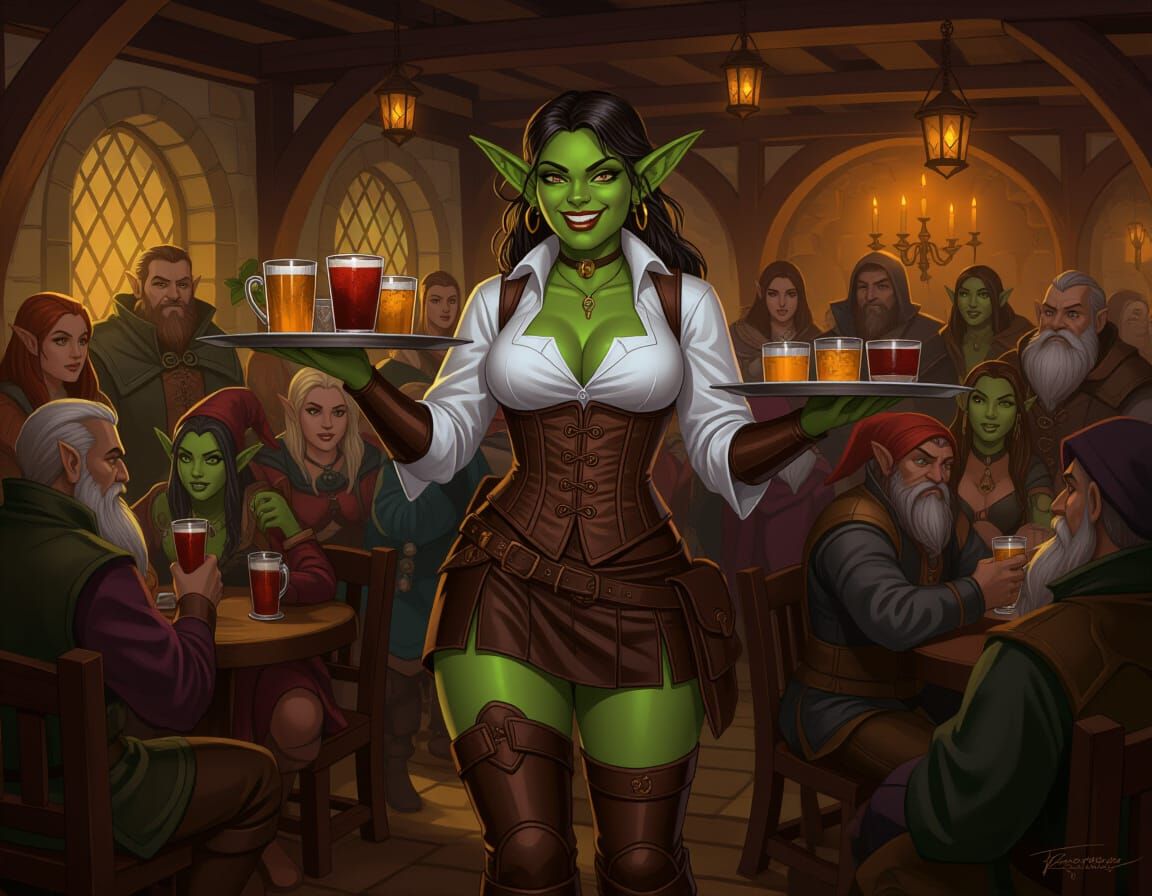 Voluptuous Goblin Serving Drinks in Lively Tavern