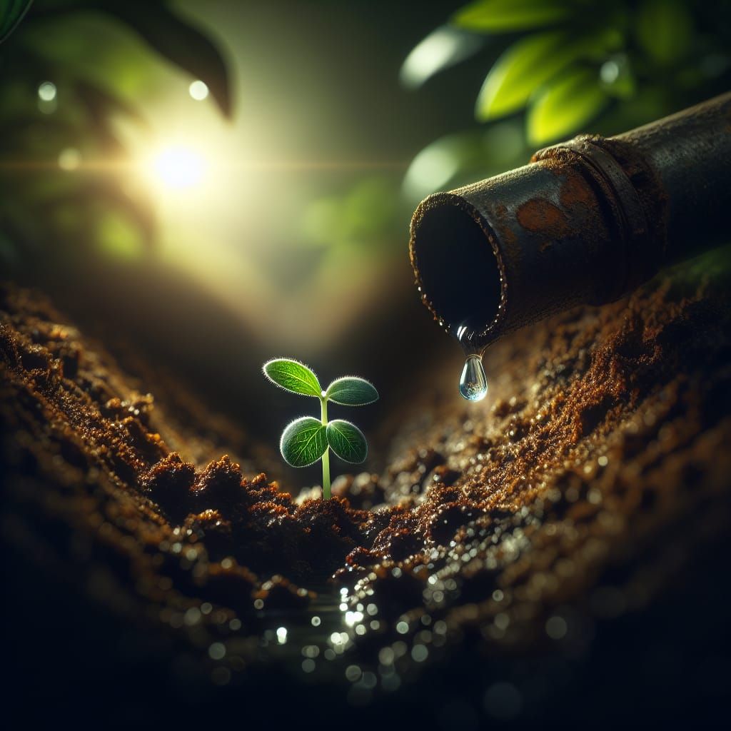 Ethereal Green Sprout Emerges from Industrial Soil in Warm L...