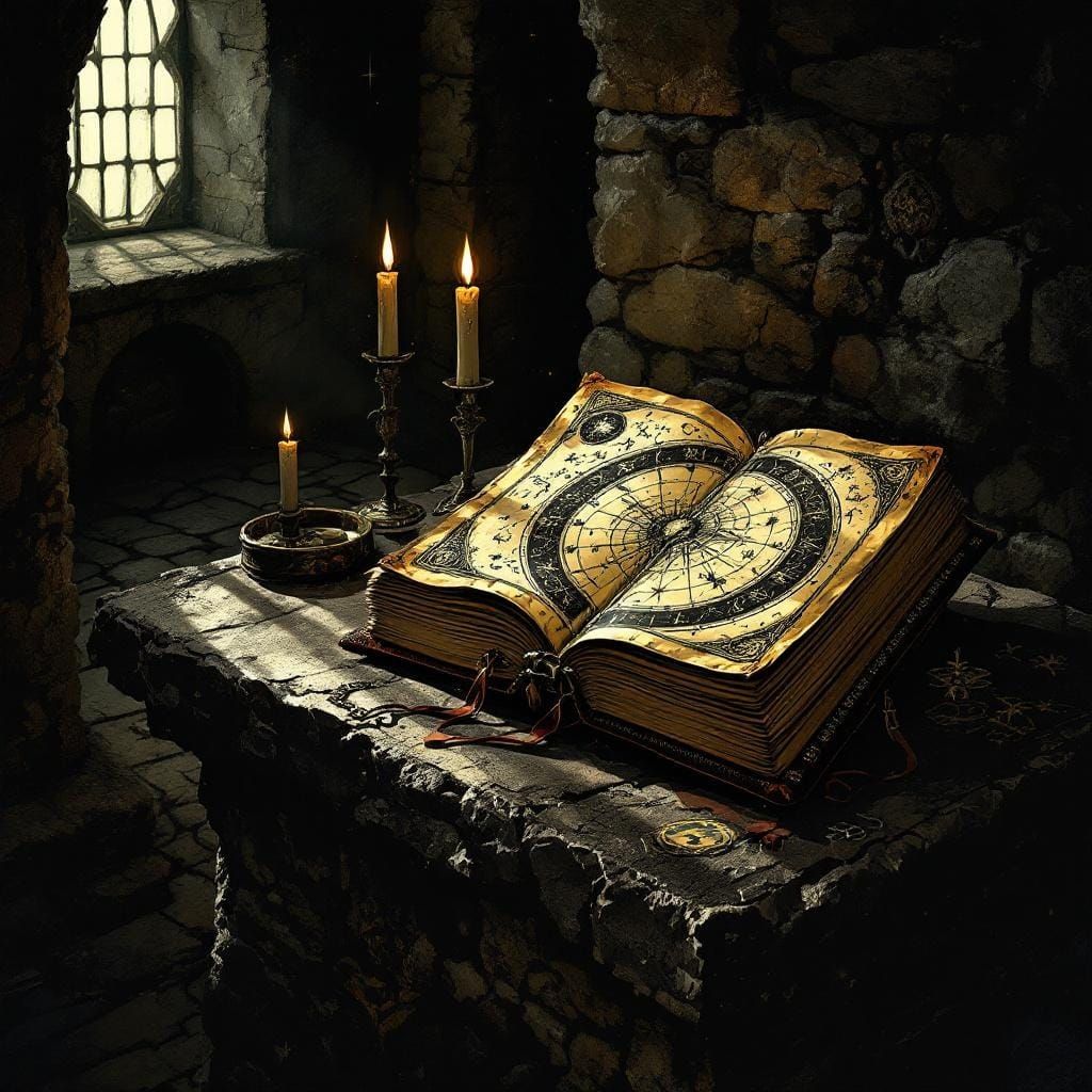 Mystical Grimoire with Celestial Constellations in Dark Fant...