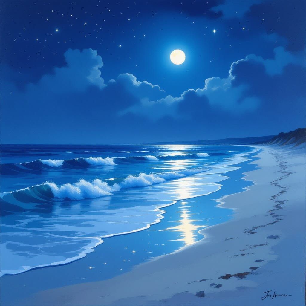 Moonlit Beach at Night in Watercolor Style
