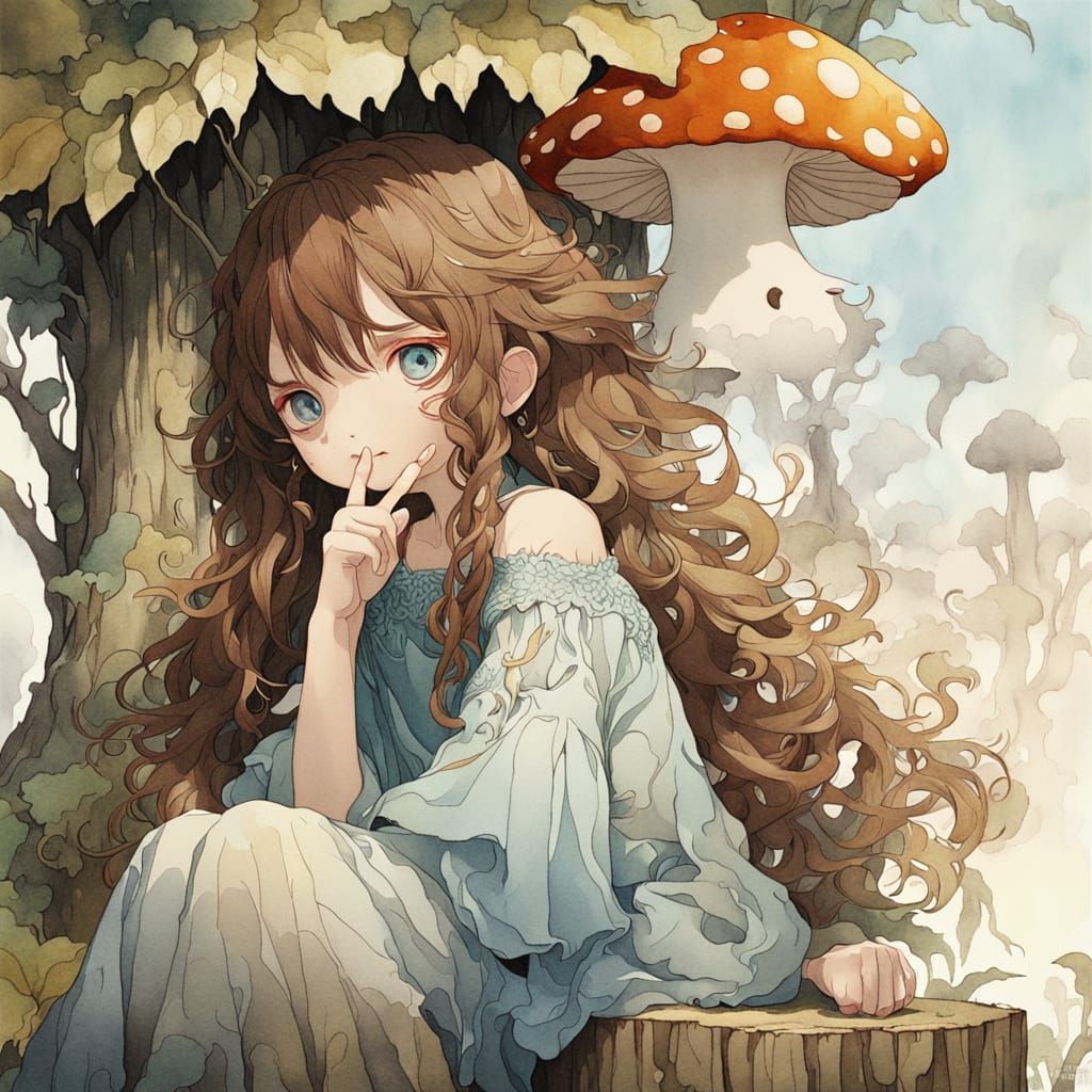 Cute Anime Woman in Whimsical Forest Setting