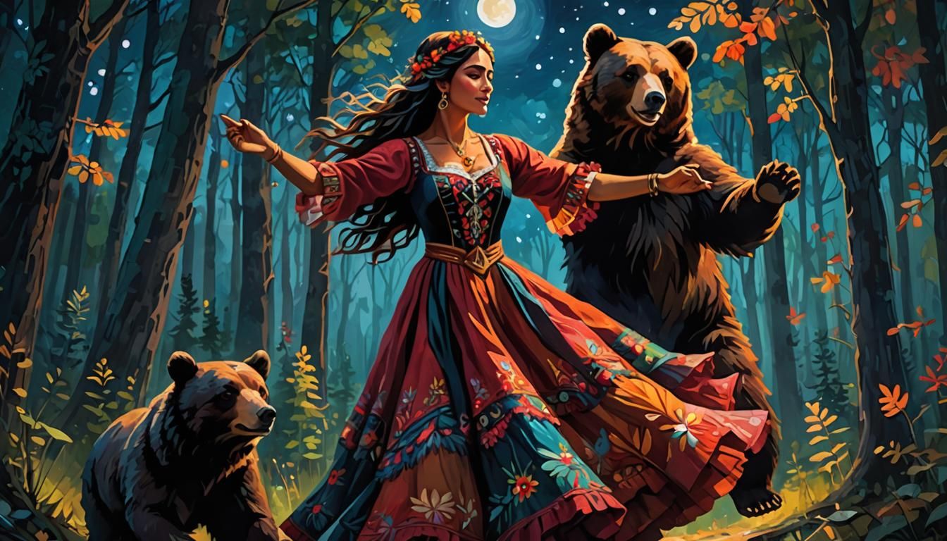 Gipsy Dance with Bear in Moonlit Forest