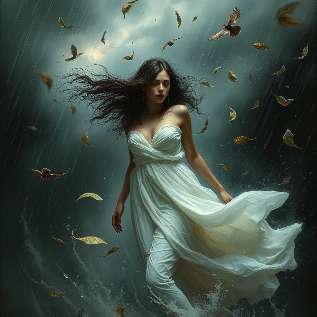 Woman in Storm: Cinematic Horror Illustration