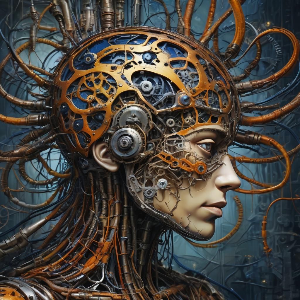 Mechanical Head Dissolves: Surreal Oil Painting
