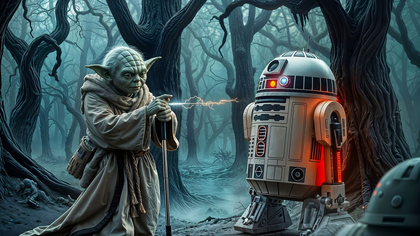 Yoda in a Misty Forest, Surrounded by Ancient Trees, in Orga...