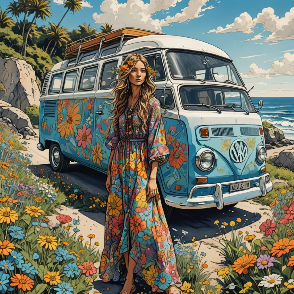 Hippy girl in long flower power dress in front of a flower power van near the beautiful blue sea, she’s driving the van ...