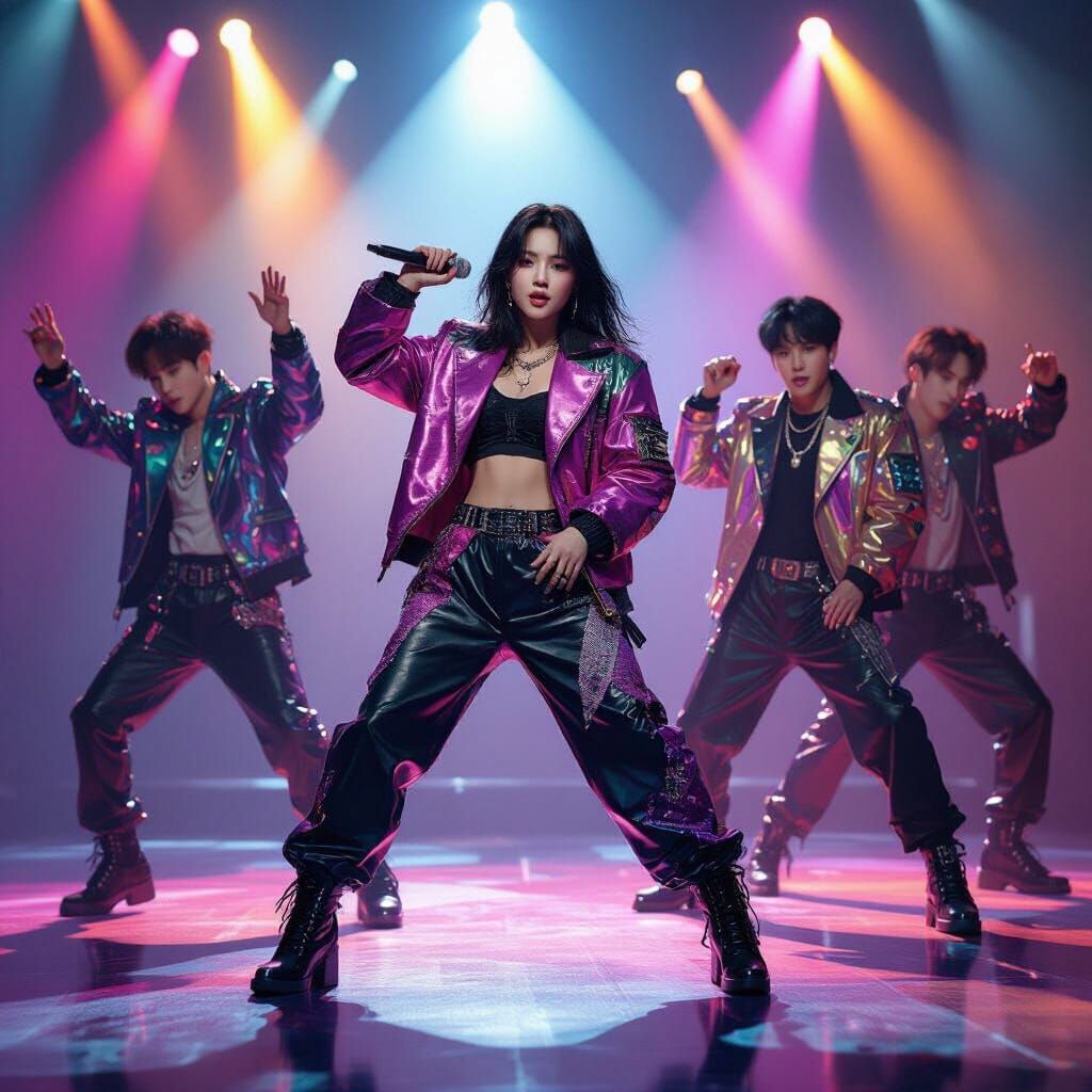 Kpop Group Performs Dynamically Under Vivid Stage Lights