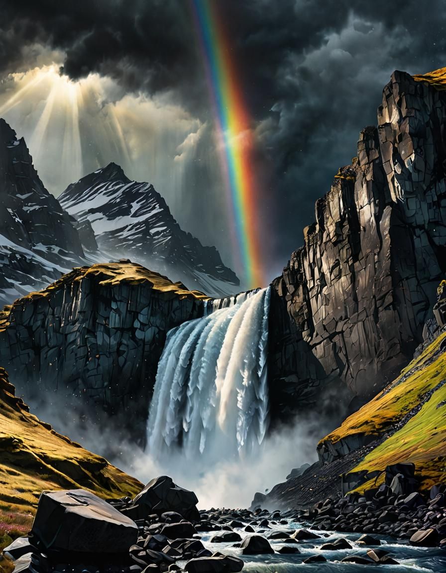 Moody Sky Over Mountain Waterfall: Watercolour, Metallic Ink