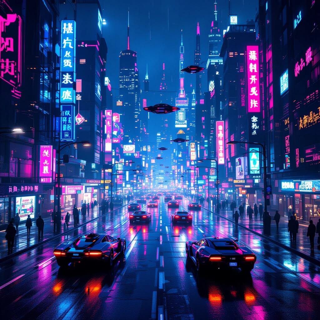 Cyberpunk Cityscape At Night With Neon Lights