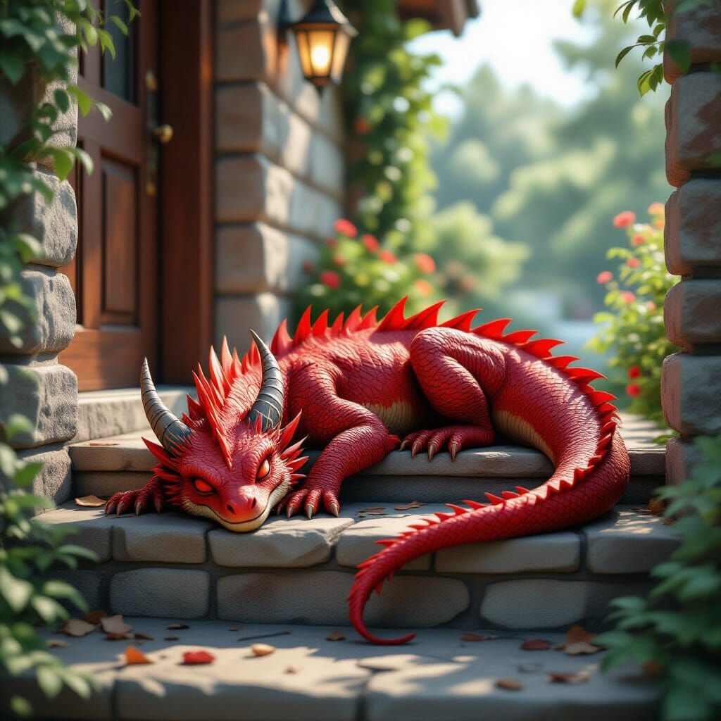 Photorealistic Fantasy Doorstep With Sleeping Dragon