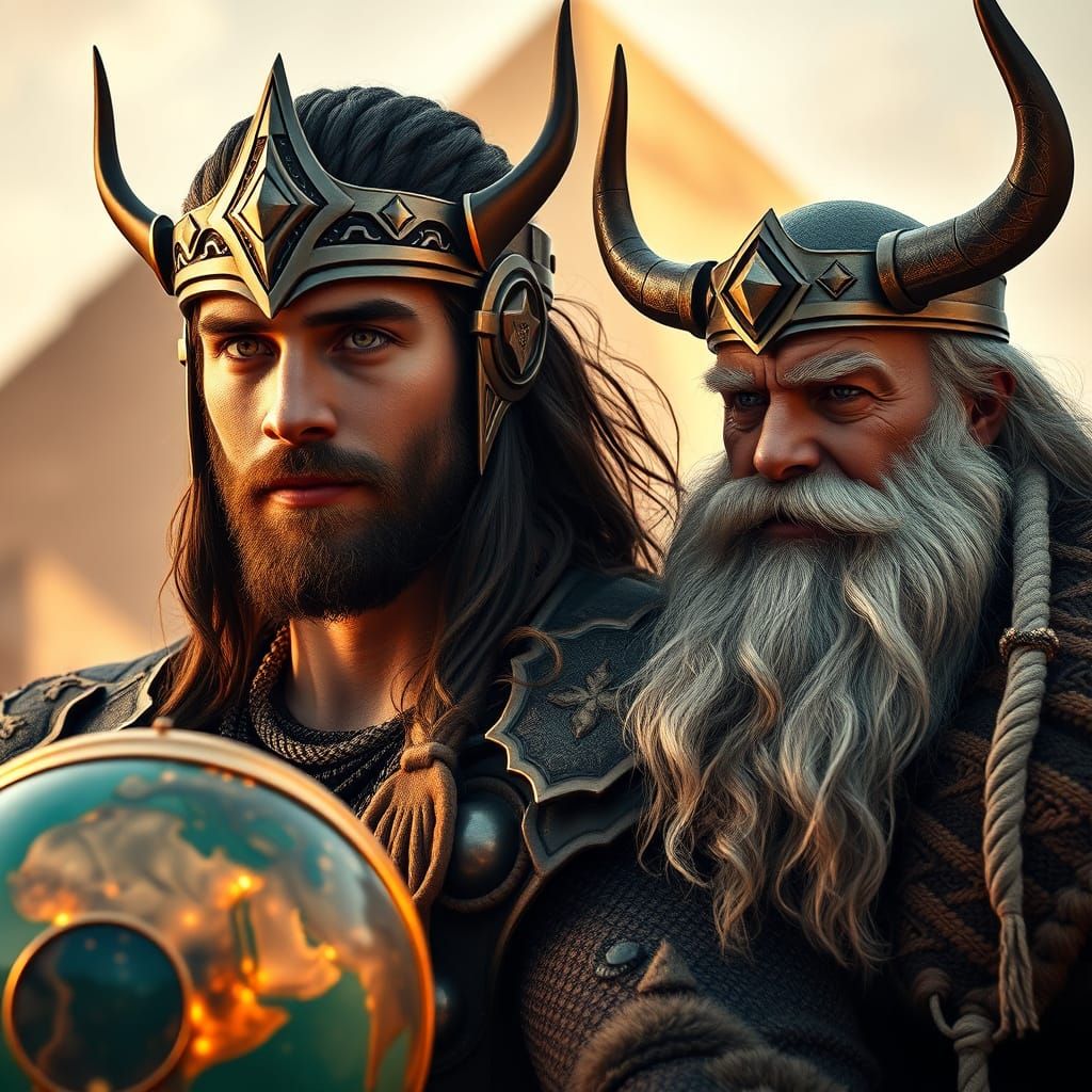 Thor and Odin Portrait with Giza Pyramids
