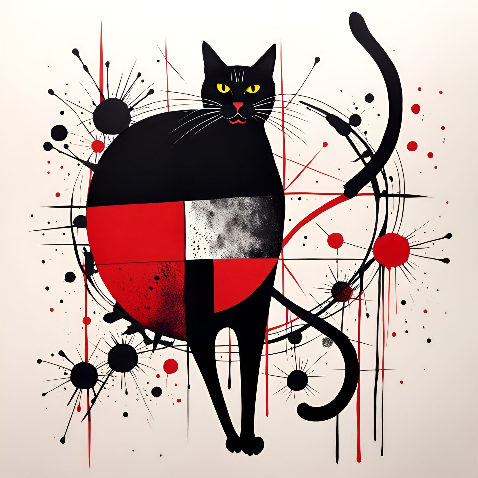 Abstract Ink Cat Drawing in Red and Black