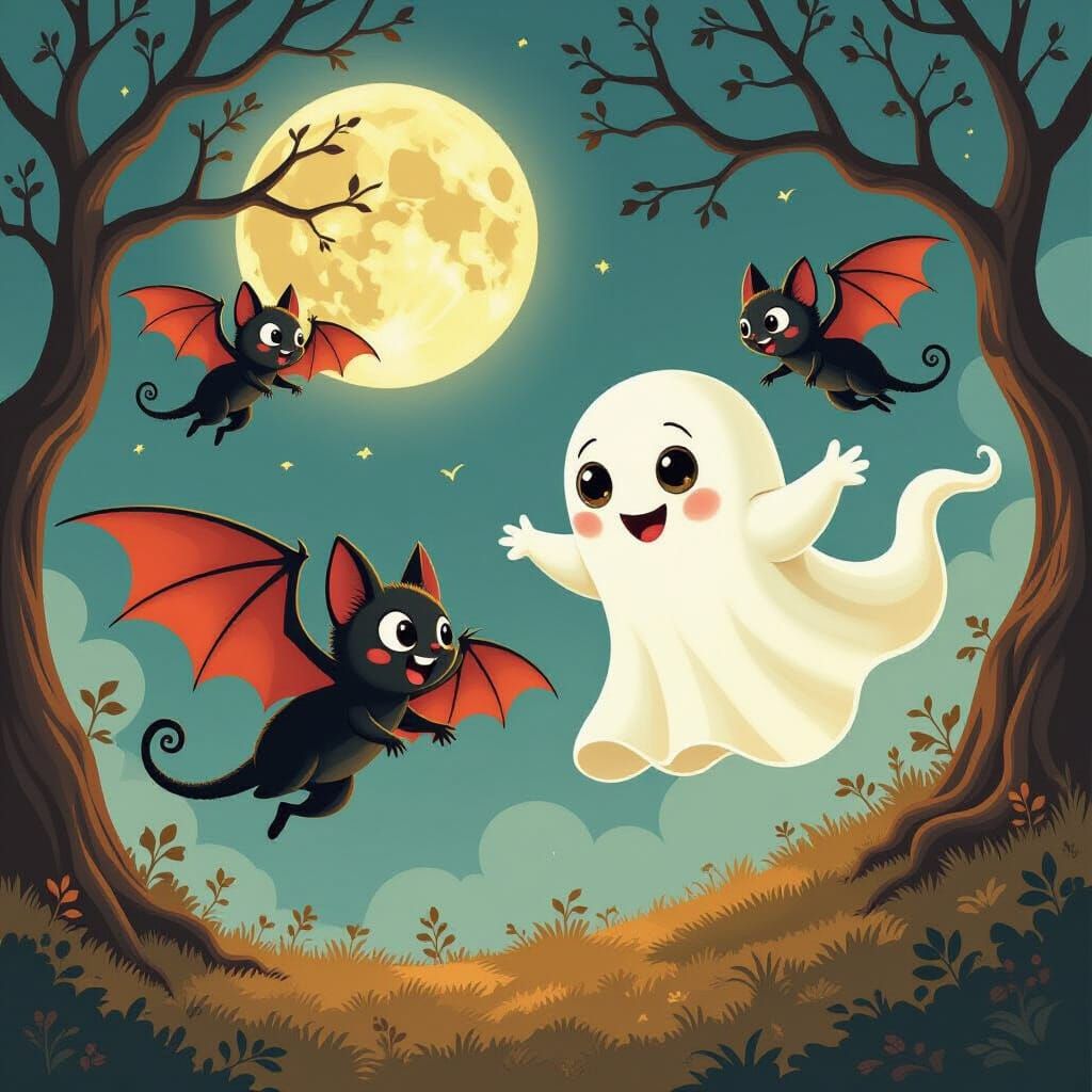 Whimsical Bats Race Ghost in Moonlit Sky Illustration