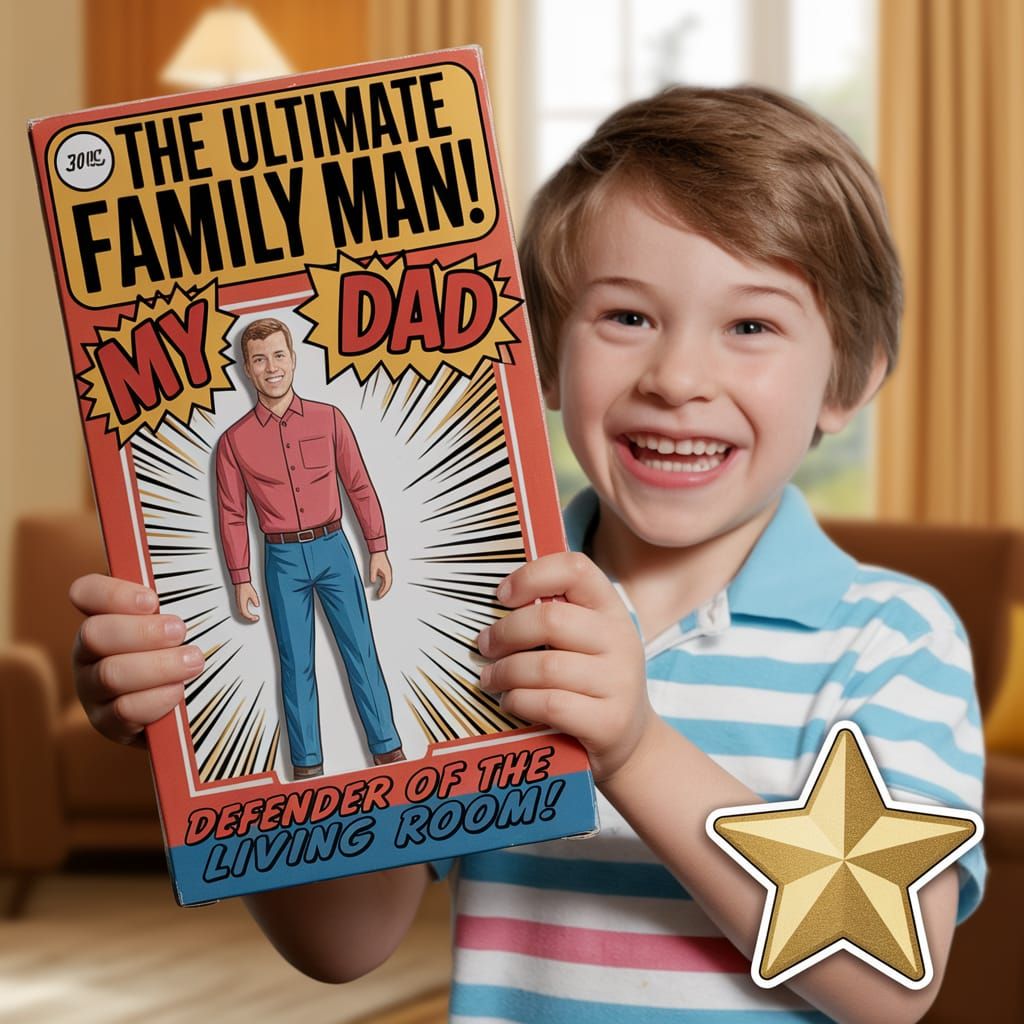 Cheerful Boy Holds Up Dad's Action Figure Box in Retro 1960s...