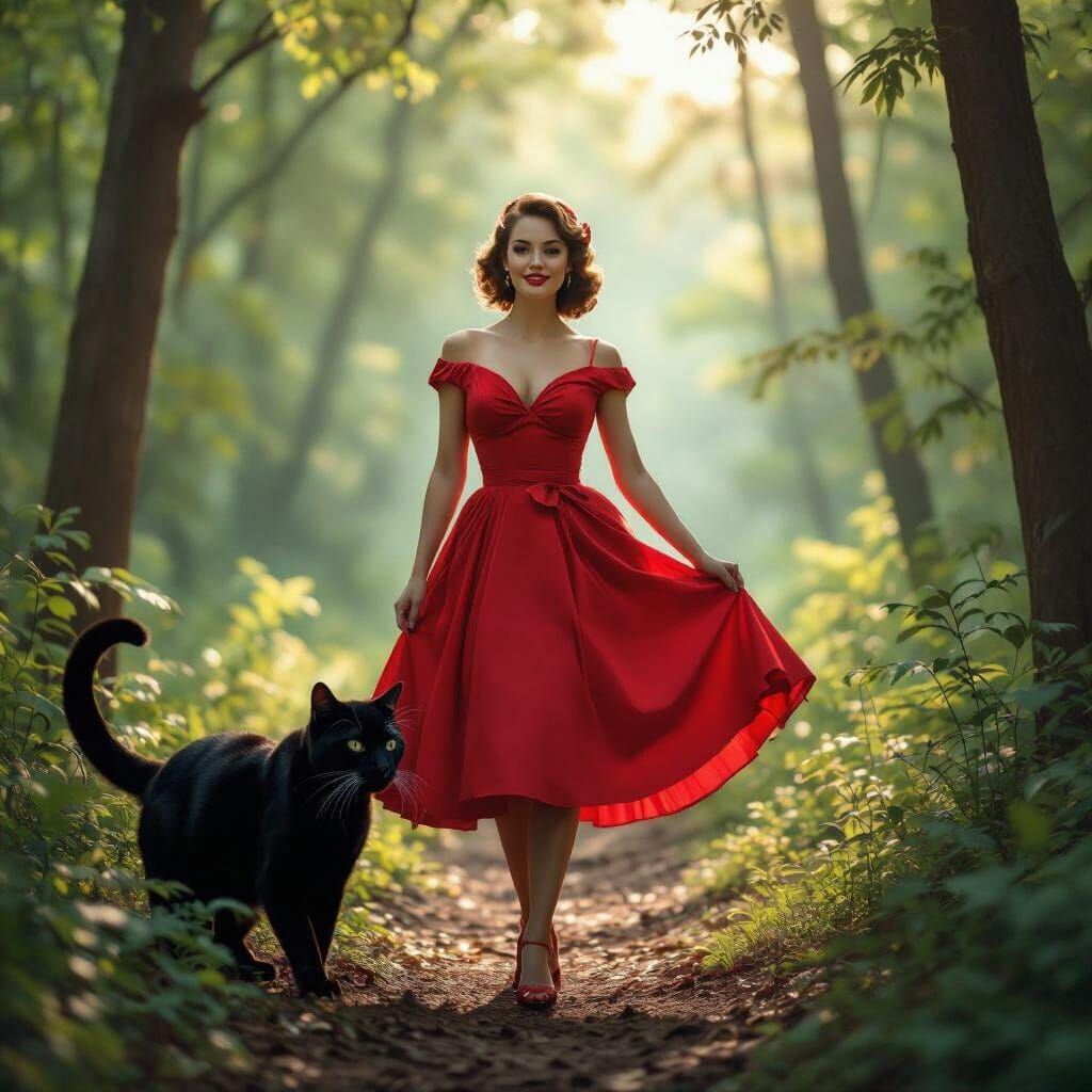1950s Pin-Up Woman Walks Black Panther in Lush Forest