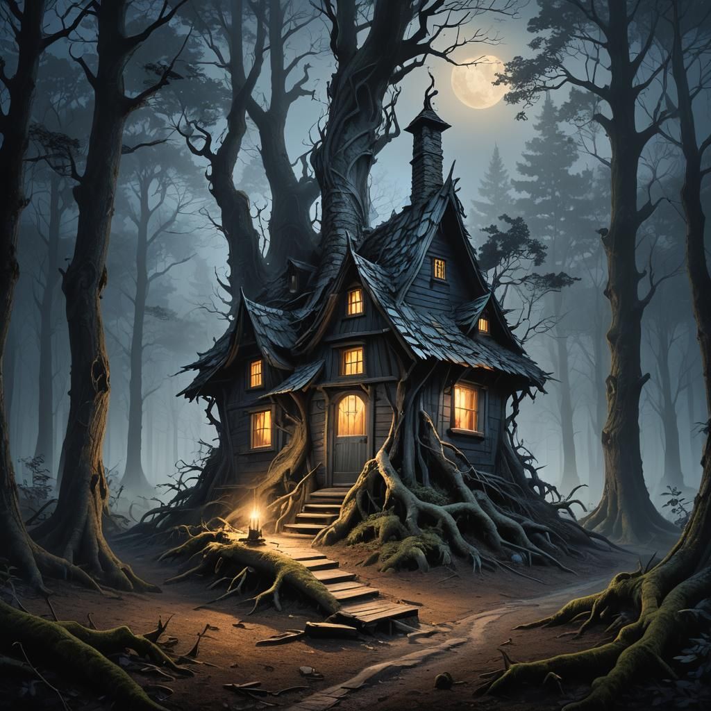 Eerie Hut in Misty Forest, Dark Fantasy Art