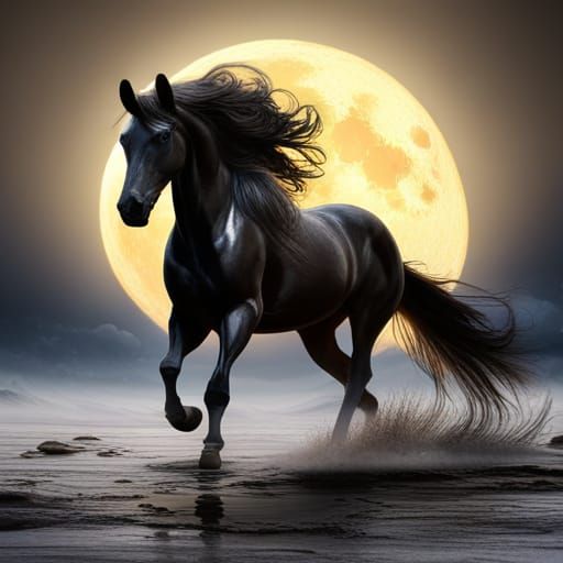Black Horse Running Beneath Moonlit Stars