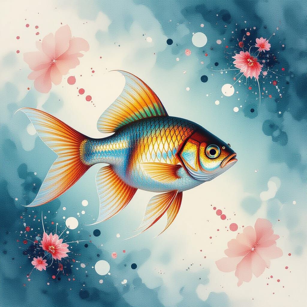 Iridescent Fish Glides Through Crystalline Water as Watercol...