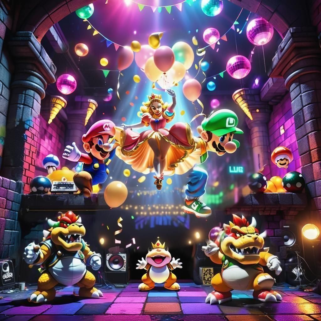 Super Mario Brothers attend a race inside Bowser's Castle wi...
