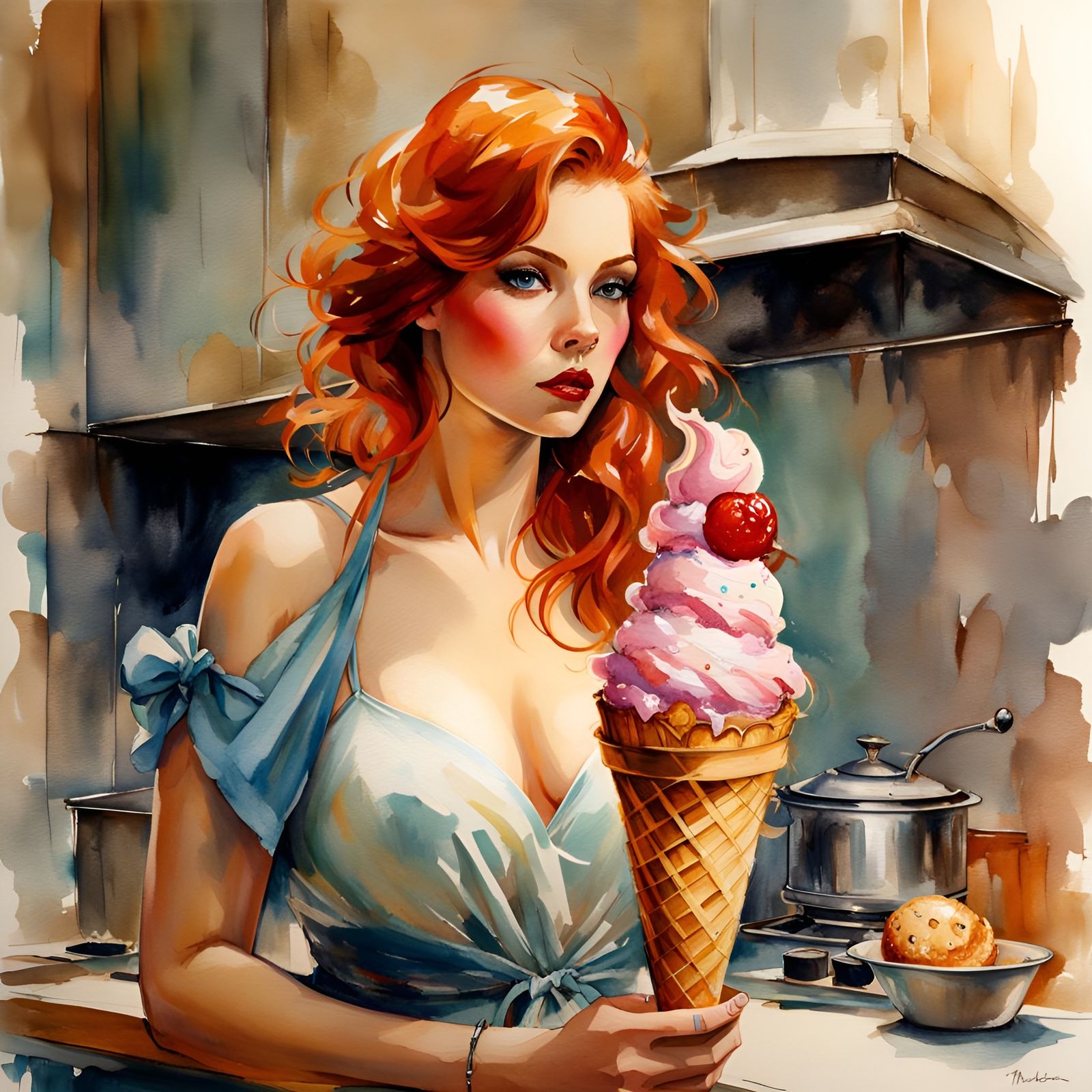 Ice Cream in Retro Kitchen, Watercolor Style