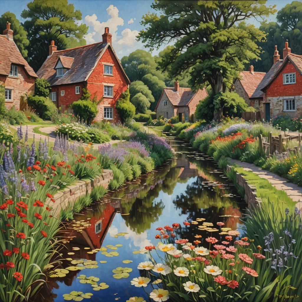 Red Tiled Cottages Reflected in Canal, Oil Painting