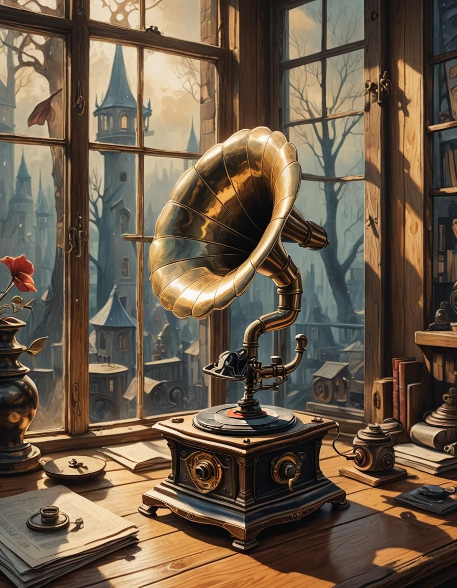 Vintage Gramophone by Window in Art Brut Style