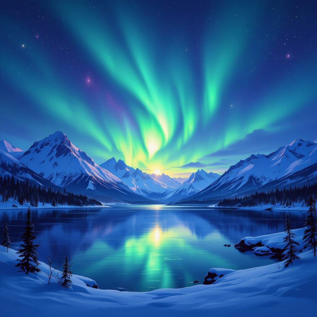 Aurora Borealis Over Snowy Mountains Reflected in Lake
