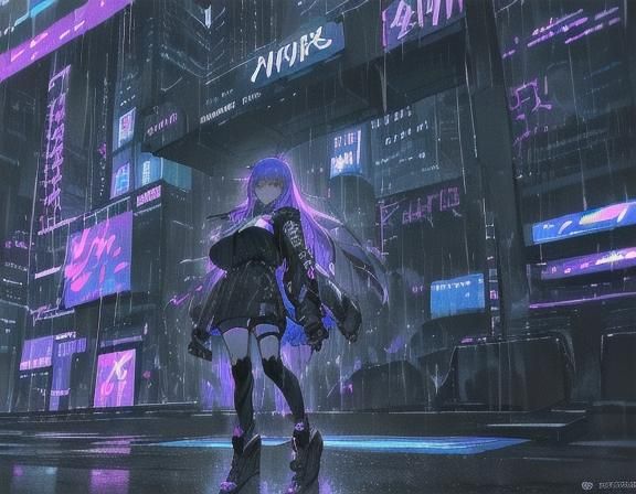 Cyberpunk Female Protagonist in Rainy Futuristic City