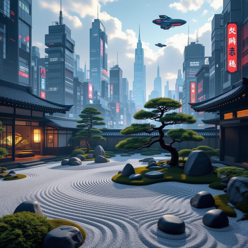 Zen Garden Meets Cyberpunk Cityscape