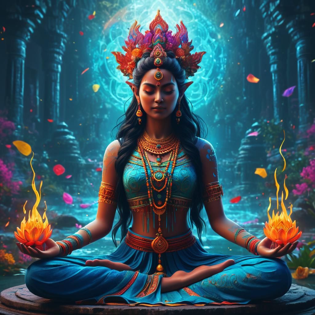 Colorful Fantasy Goddess Devi in Meditation