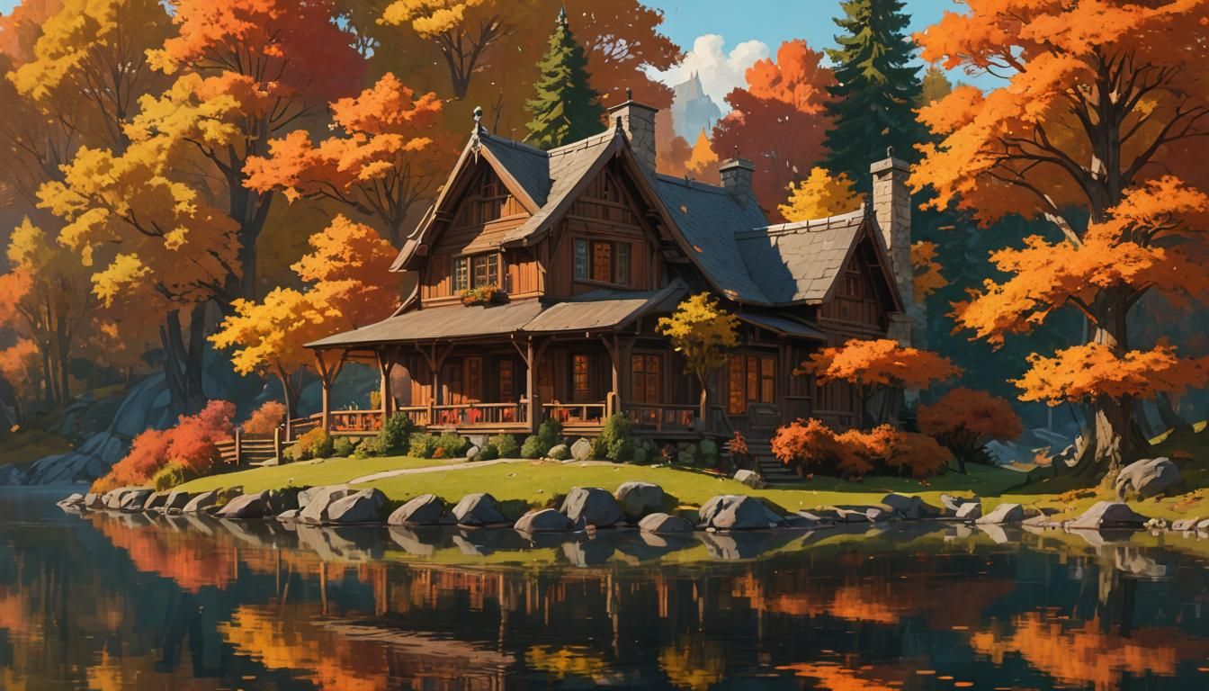 Rustic Cottage by Lake in Autumnal Sunlight