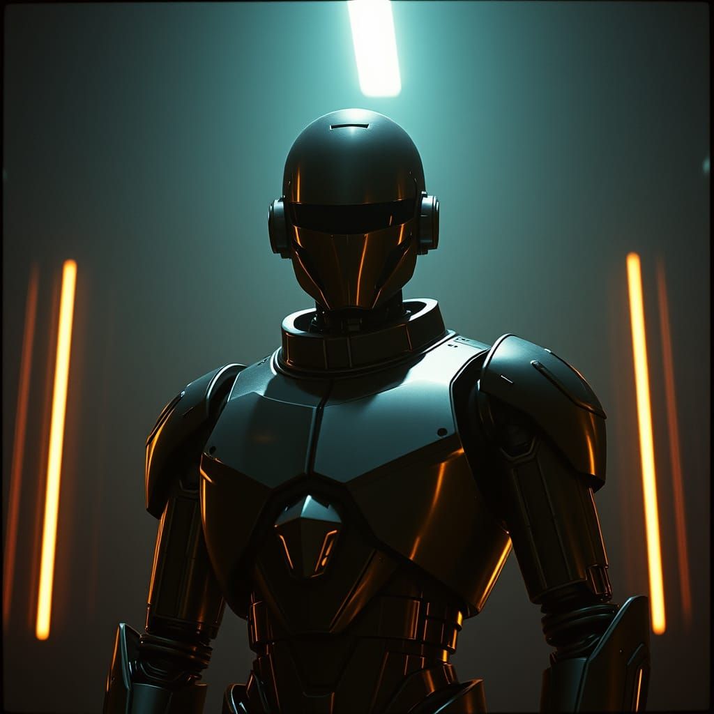 Cyberpunk Robot Servant in Dystopian Chamber