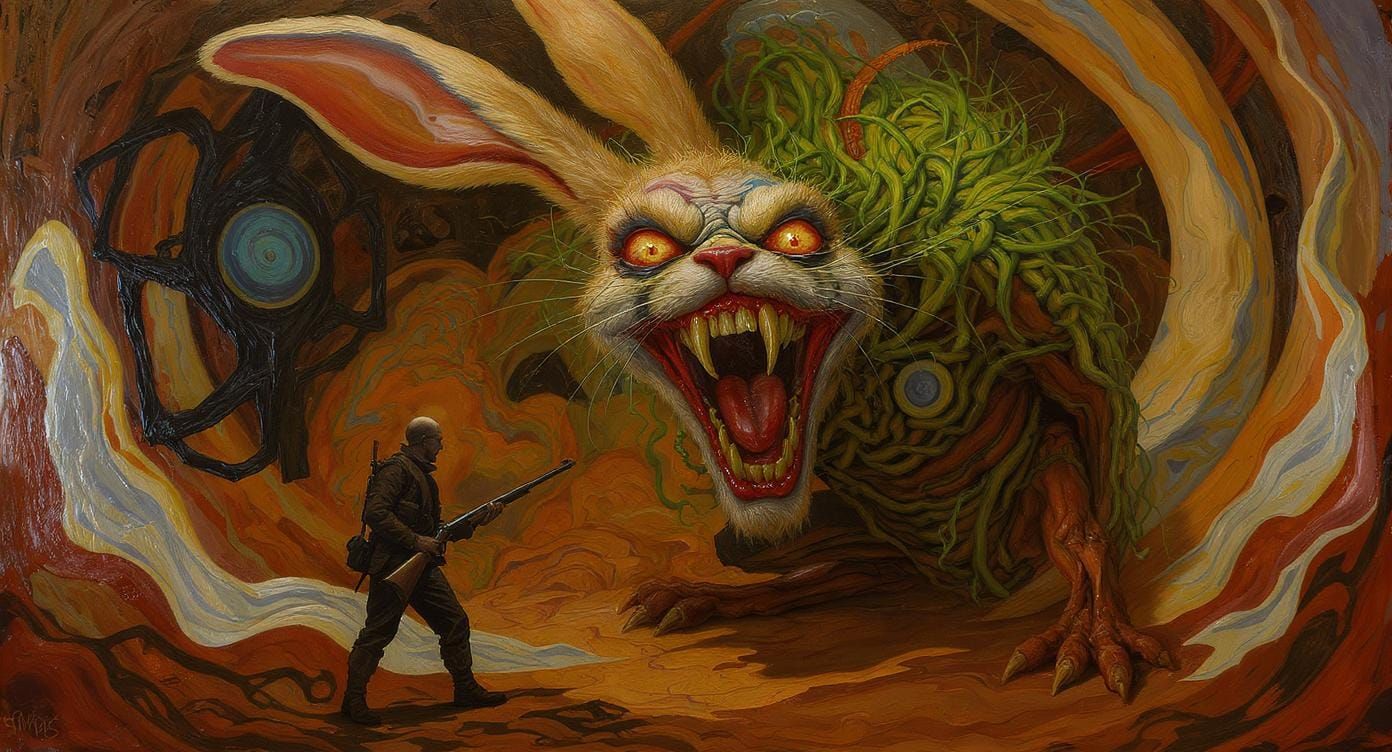 Psychedelic Mutant Bunny and Hunter in Surreal Style