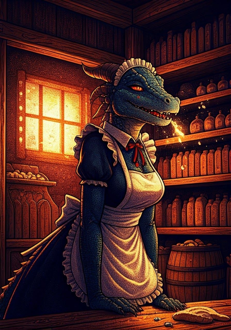 Pointillist Reptilian Maid Mid-Sneeze in Cozy Storeroom