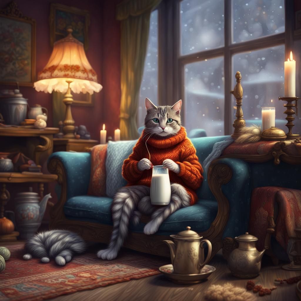 Cat in Winter Sweater Enjoying Milk