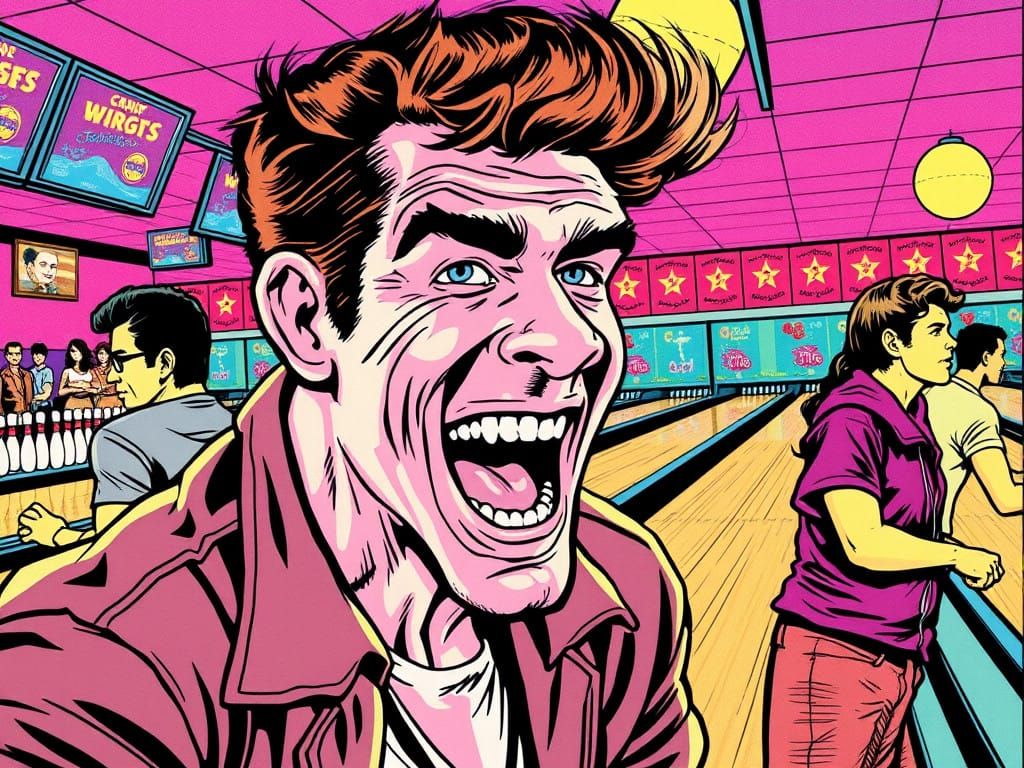 Swaggering Greaser Celebrates in Retro Bowling Alley