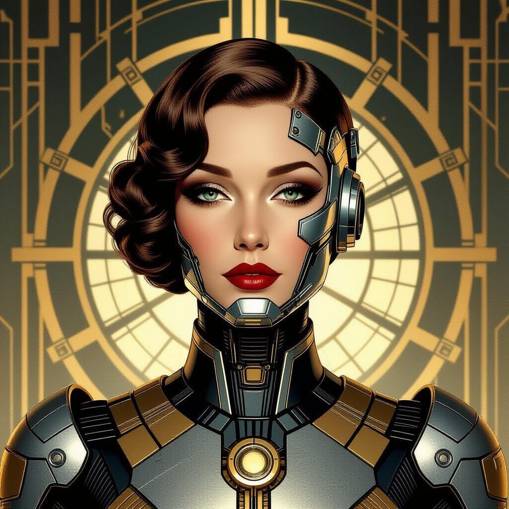Art Deco Futuristic Worker Portrait in Silver and Gold