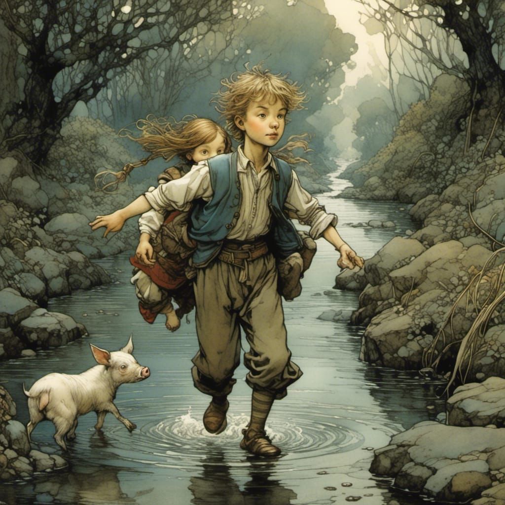 Brother and Sister in Stream, Fairy-Tale Illustration