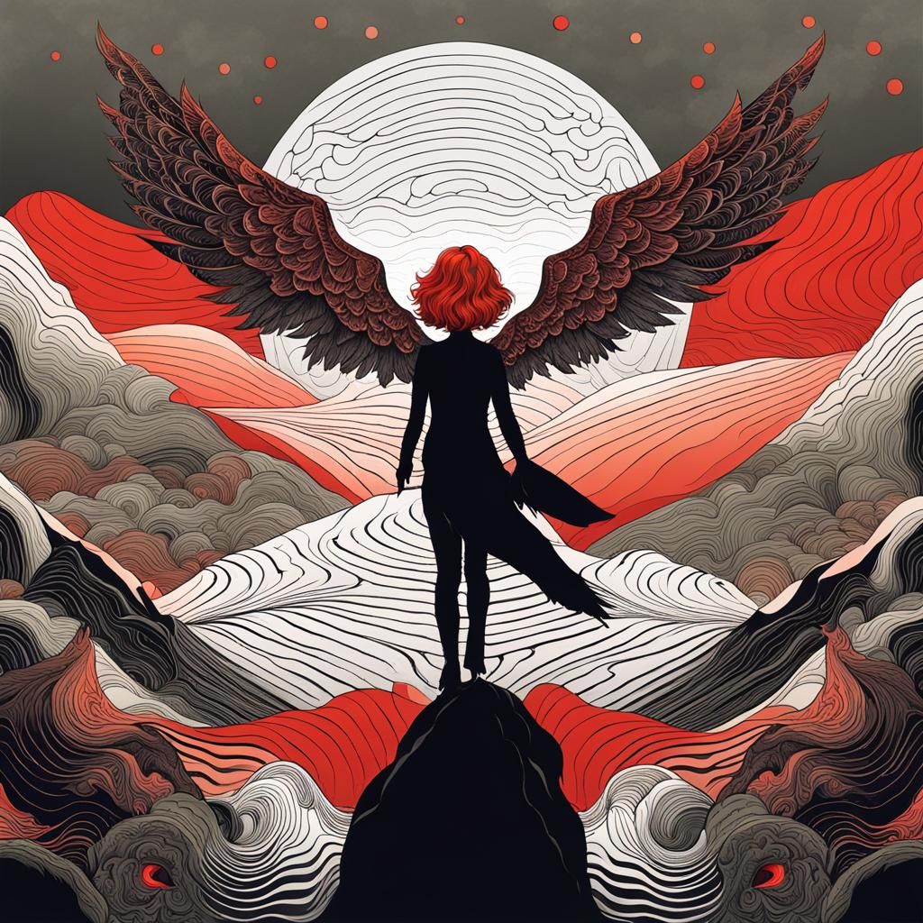 Woman with Red Hair and Black Angel Wings
